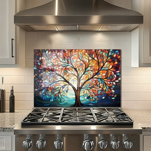 Watercolor Tree of Life Tempered Glass Backsplash For Kitchen Behind Stove,Stove Back Top Cover,Easy to Clean Glass Splashback, Sink Cover Splash Guard,Home Kitchen Wall Decor