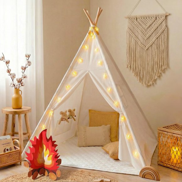Little Dove Teepee Tent for Kids Foldable Teepee Play Tent with Carry Case, Banner, Fairy Lights, Olives Branches, Four Poles Style Raw White Color - New Version Tiny House