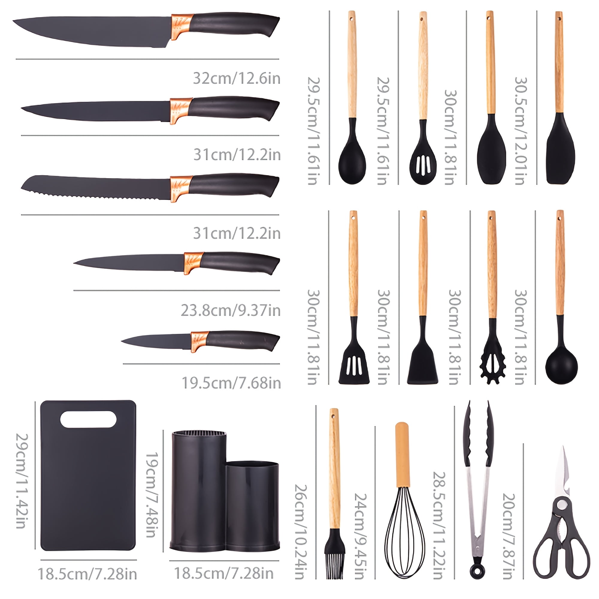 19pcs All-In-One Kitchen Knife & Utensil Set with Block | Silicone Cooking Tools & Stainless Steel Knives with Wooden Handles | Includes Cutting Board & Scissors | Ideal Housewarming & Dorm Gift