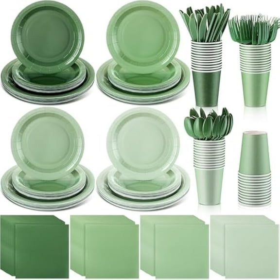 168 Pcs Tableware Set Plates and Napkins Party Supplies Disposable Paper Plates Napkins Cup Fork Knives Spoon for Baby Shower Birthday Wedding Dessert (Sage Green)