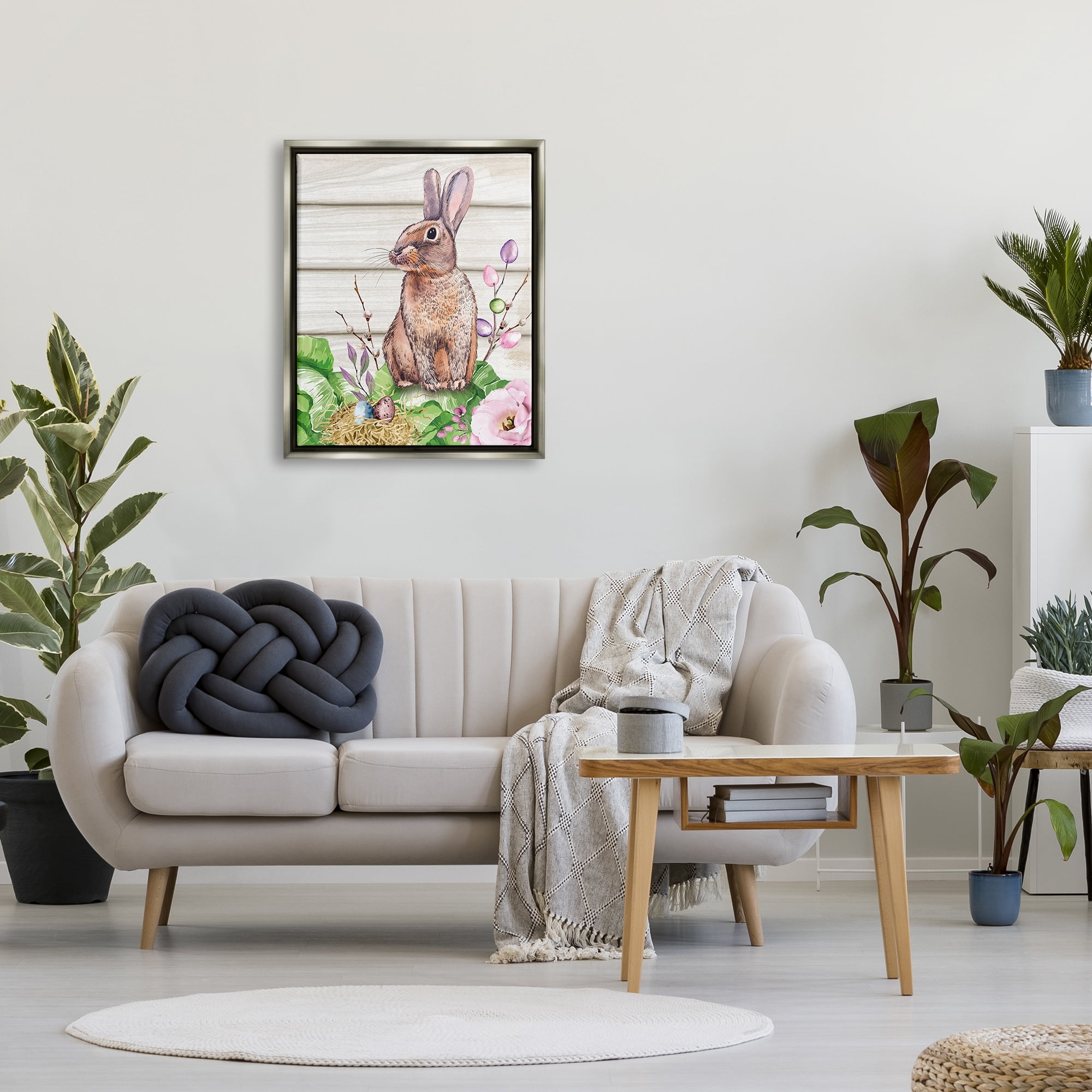 Stupell Spring Flower Garden Country Rabbit Holiday Painting Gray Floater Framed Art Print Wall Art