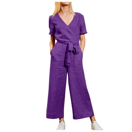 

Jumpsuits Women Wrap V-neck Belted Wide Leg Pants Short Sleeve Romper Summer Vacation One Piece Casual Outfits Beachwear