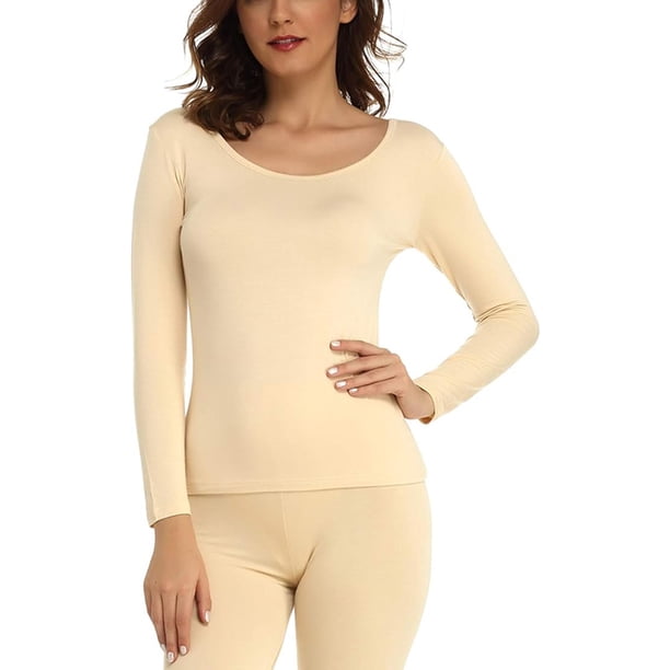 Camiseta interior térmica modal ultrafina para mujer con cuello redondo y mangas largas (XL)