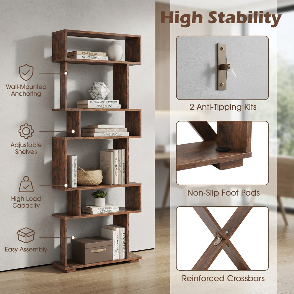 GVN 6-Tier Geometric Open Bookshelf Stylish Modern Display Bookcase with 2 Anti-Tipping Kits Stable Structure for Home Office Study Living Room Storage Furniture, Brown