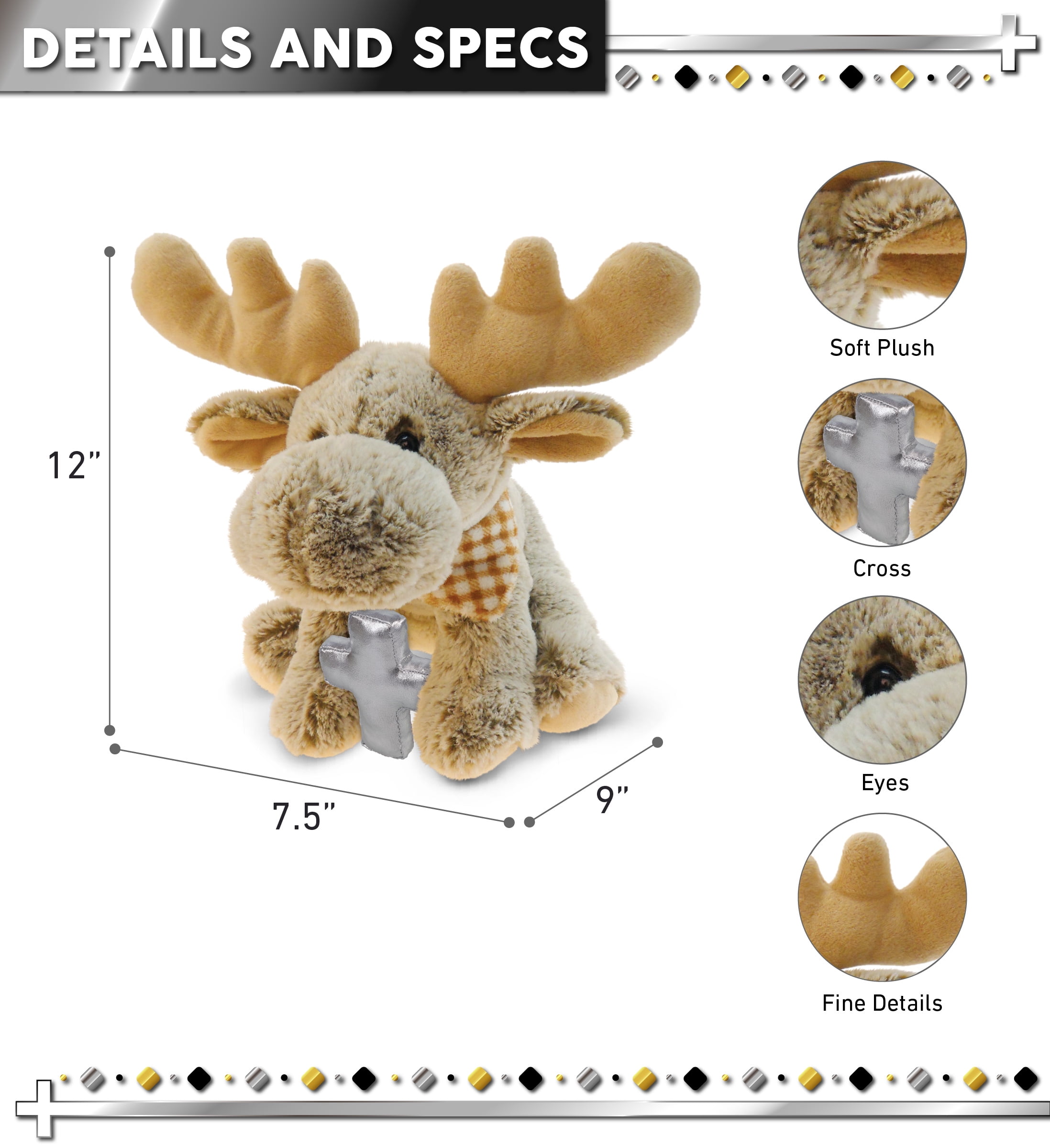DolliBu Floppy Moose Stuffed Animal with Silver Cross Plush - Religious Baby Baptism Gifts for Boys and Girls, Dedication Christening Gifts Plush Prayer Toy, Healing Stuffed Animal Toy - 12 Inches