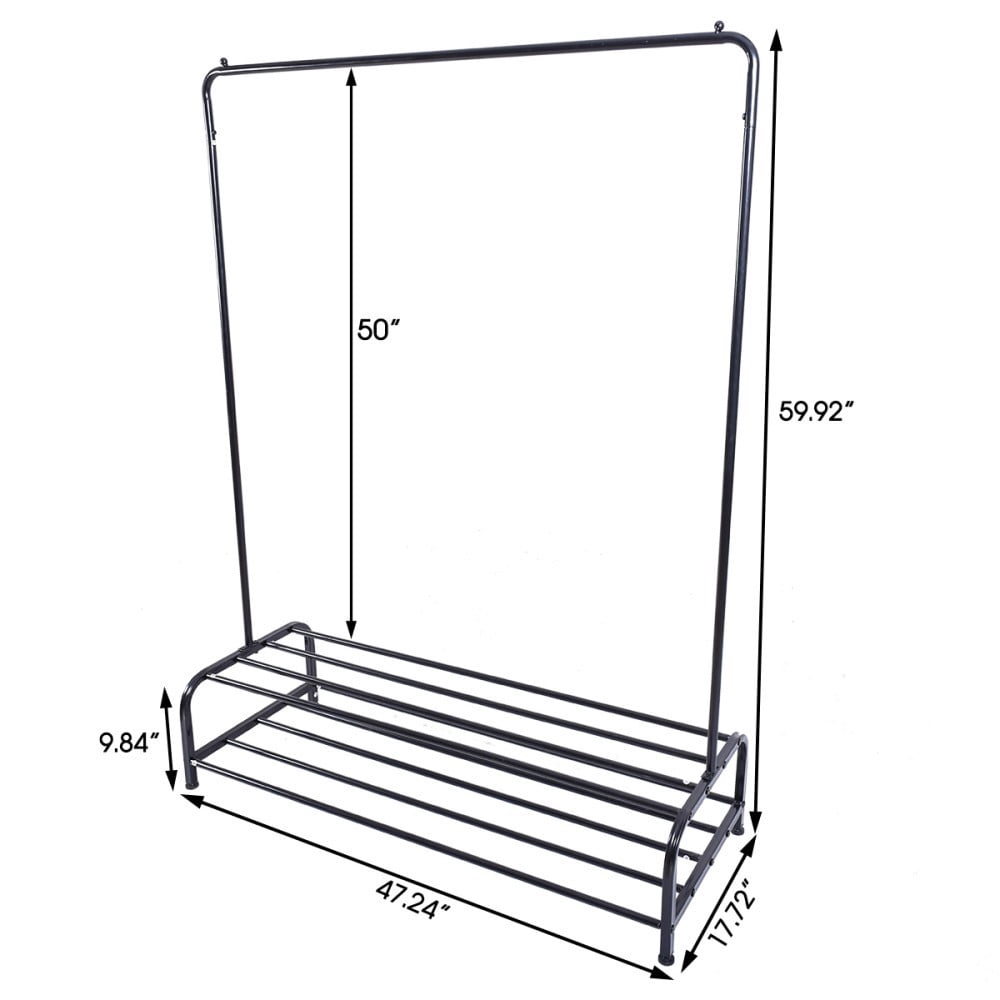 Heavy Duty Garment Rack, Metal Clothes Rack with Bottom Shelf, Freestanding Clothing Rack for Bedroom, Laundry Room, Entryway, Small Spaces, Black