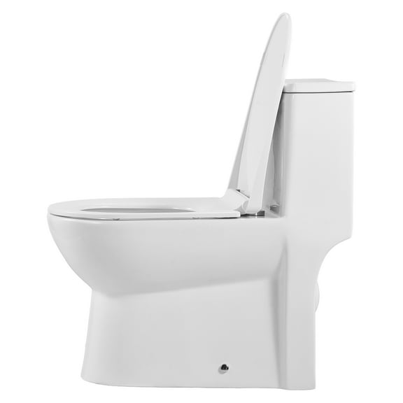KFFKFF One-Piece Elongated Toilet with Left-Side Flush, 1.28 GPF Water-Saving Design, Comfortable Chair-Height Seat, Easy-to-Clean Skirted Style, 12-Inch Rough-In, White and Silver Finish
