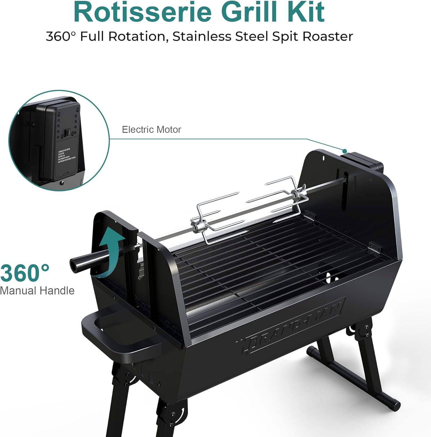 Brandman Grills Portable 2-in-1 Charcoal Rotisserie Grill with Spit Roaster & Motor, BBQ Outdoor Cooking