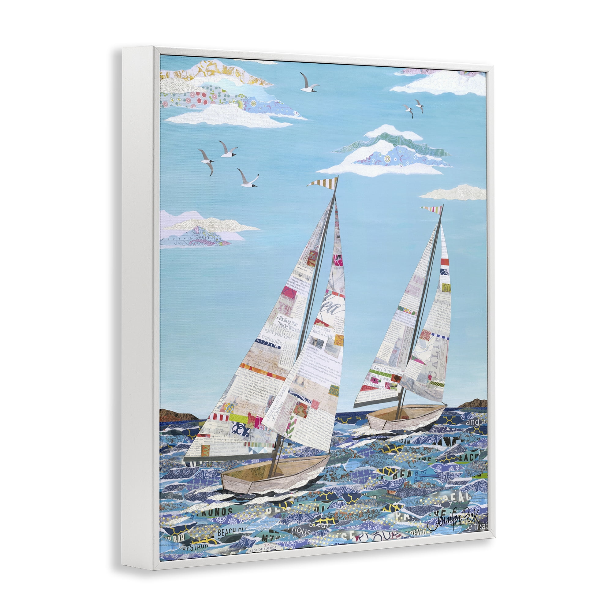 Stupell Industries Collaged Sailboat Pair Transportation Painting White Framed Art Print Wall Art, 11 x 14