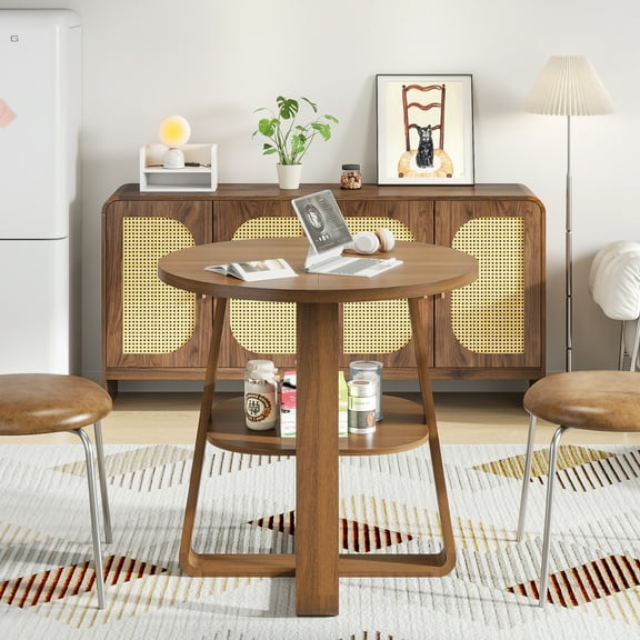 Round Dining Table Wood Kitchen Table, 31.5 in Dinning Room Tables for 2-4 Man, Cross Base, Walnut