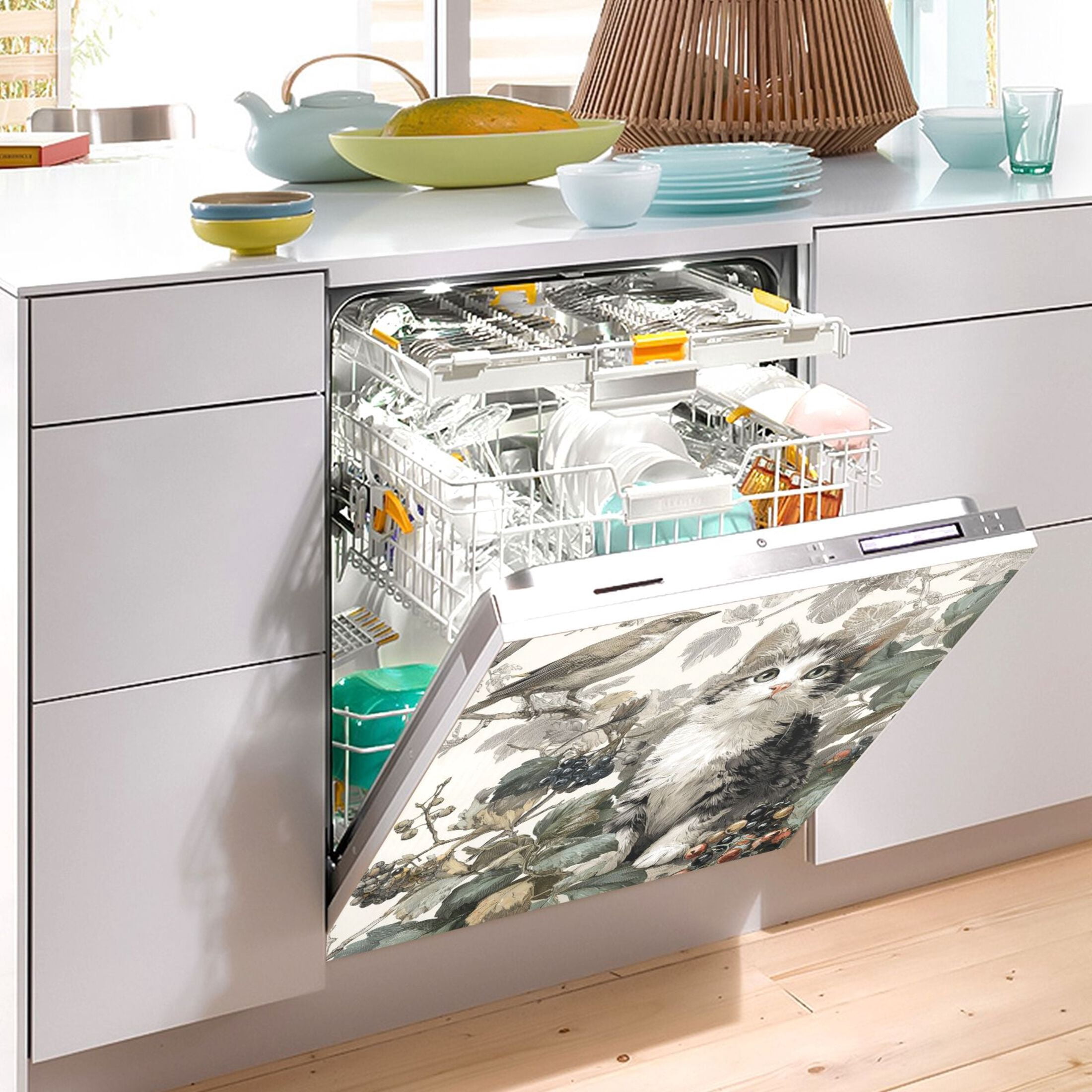 Dishwasher Sticker Magnetic Dishwasher Sticker Magnetic Decorative Sticker Refrigerator Sticker Dishwasher Decorative Stickers Cute Cat and Bird