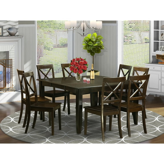 Modern 9 Piece Dining Set - Square Table with Butterfly Leaf & 8 Chairs - Cappuccino Finish