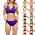 thumbnail image 5 of Dezsed Women's Two Piece Bikini Sets Tummy Control Swimsuit High Waisted V Neck Bathing Suit Sports Swim Suits Purple L, 5 of 5