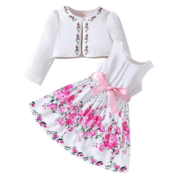Utlike 2 Pcs School Outfits For Girls Floral Dress Set With Cardigan And Floral Print Dress Birthday Outfits For Girl Size 3 Years-4 Years Hot Pink