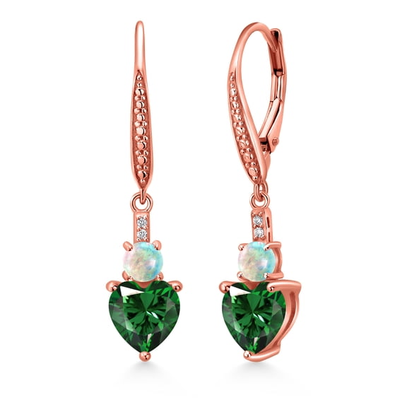 Gem Stone King 18K Rose Gold Plated Silver Green Nano Emerald White Opal and White Lab Grown Diamond Drop Dangle Earrings for Women (2.53 Cttw, Heart Shape 7MM, Round 4MM)