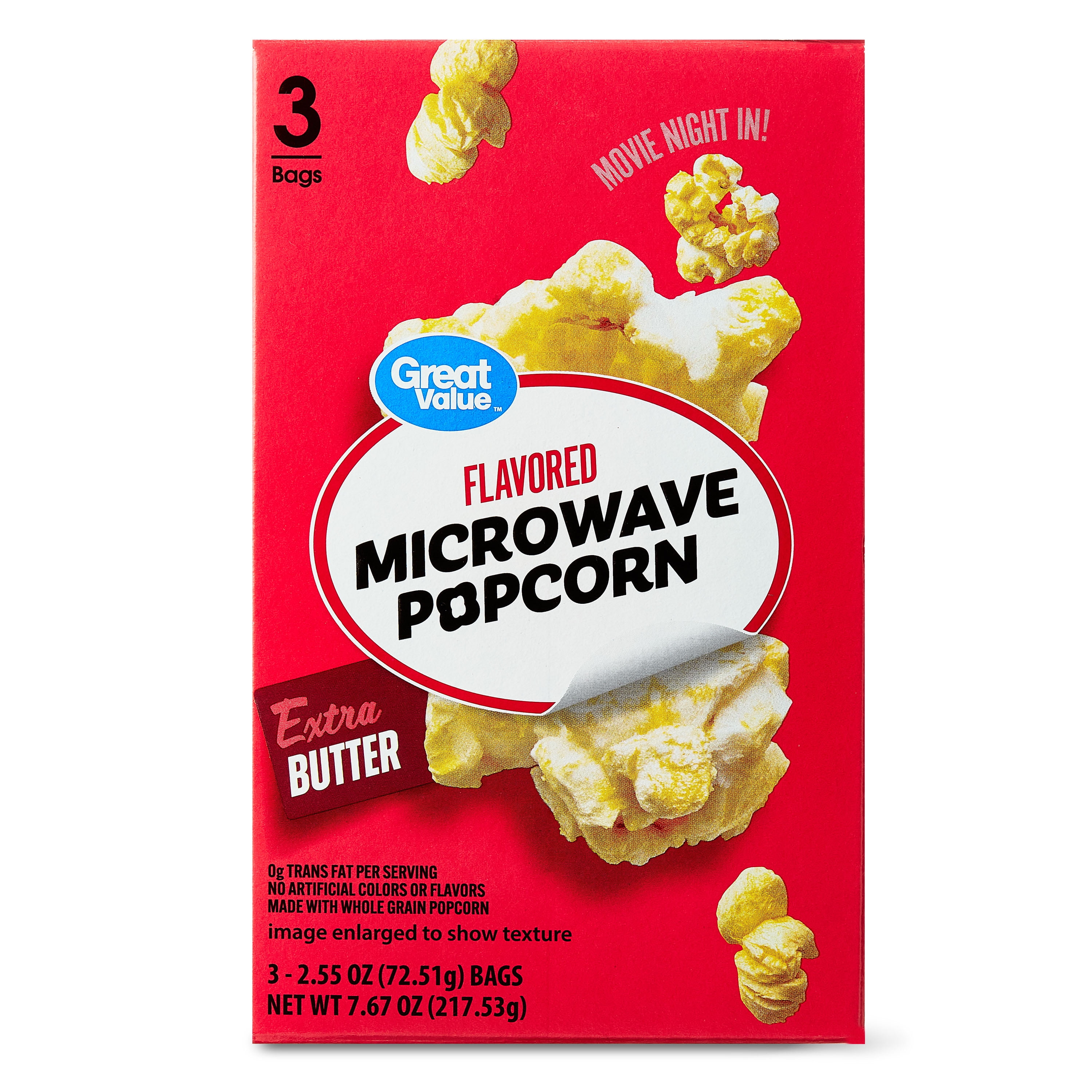 Great Value Extra Butter Flavored Microwave Popcorn, 2.55 oz, 3 Count