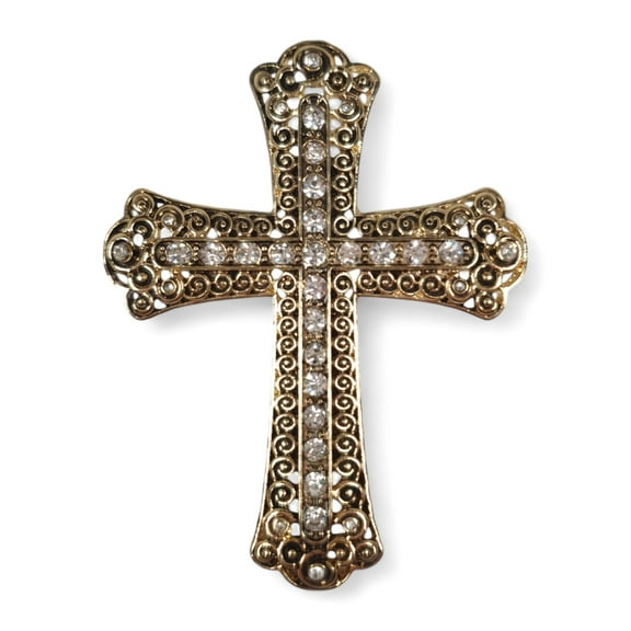 Large Ornate Cross Pin Brooch Antiqued Gold Tone Clear Rhinestone 3"