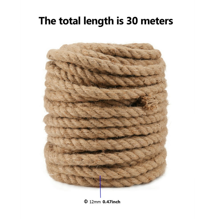 KINJOEK 3 Ply 100 Feet 12mm Thick Jute Twine 3-Strands Natural Jute Rope Hemp Rope Twine Rope Cord, 1/2 inch Brown, Adult Unisex, Size: One Size