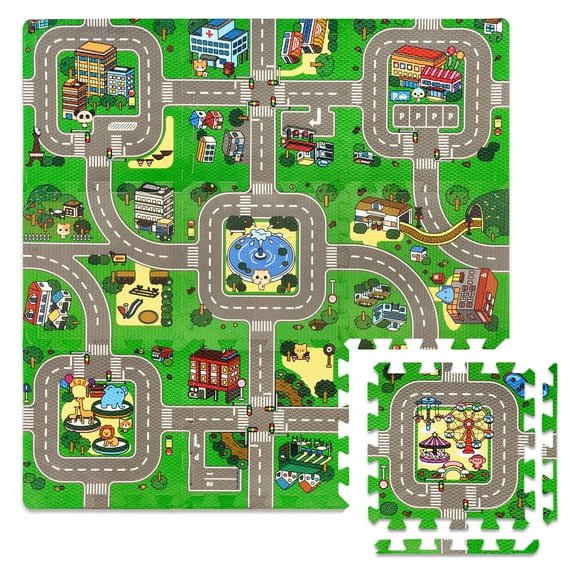 Sorbus Traffic Play Mat - Educational Foam Interlocking Tiles - Kids Road Traffic Rug for Toy Cars - 9 Tiles with Borders