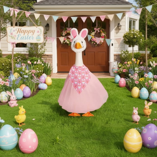 Disfraz de ganso de Pascua para estatua de 23 pulgadas | Conjunto de vestido y sombrero de poliéster rosa | Decoración del jardín del jardín del patio | Accesorio Exterior Duradero | Regalo de