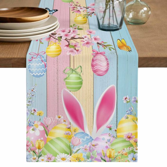 Colorful Easter Table Runner 48 Inches, Spring Watercolor Bunny Egg Flower Wood Grain Bed Runner Dresser Scarves Tabletop for Indoor Outdoor Parties/Ceremony/Banquet, 13" x 48"