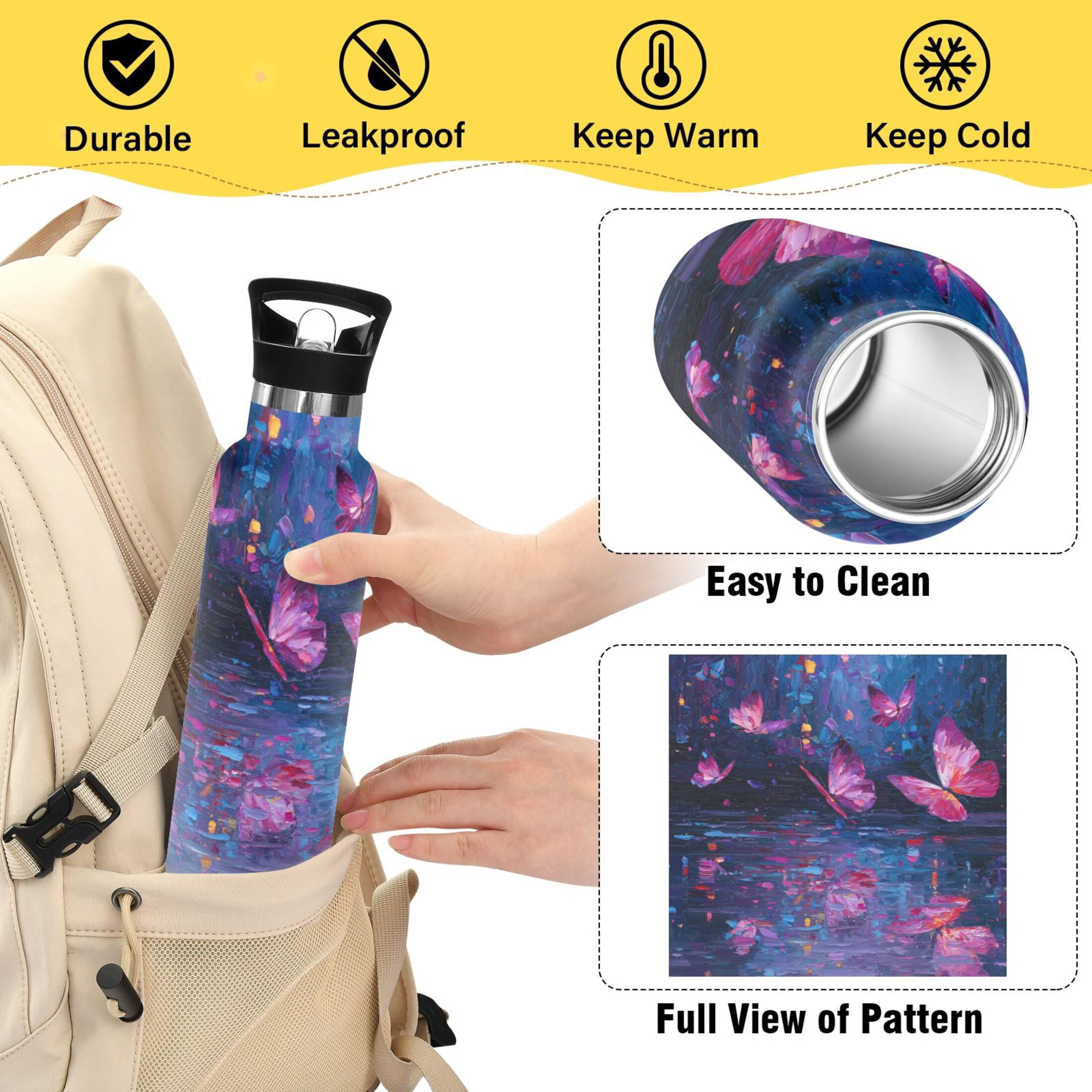 Kids Insulated Stainless Steel Sports Water Bottle 600ml (20oz) Night Scene and Butterflies