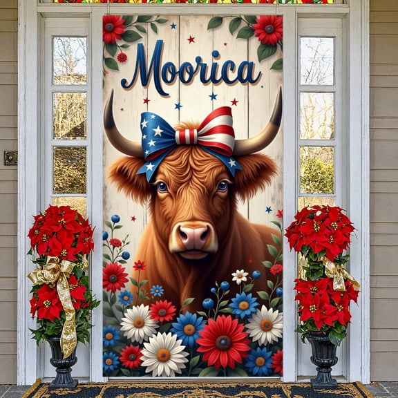 Red White Blue Highland Cow Banner Floral Rustic Backdrop USA Patriotic Background for 4th of July Party Farm Event Home Gathering Outdoor Celebration