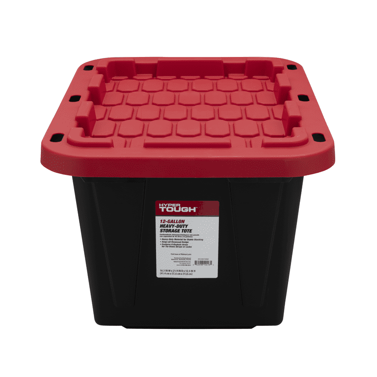 Hyper Tough 12 Gallon Snap Lid Stackable Plastic Storage Bin Container, Black with Red Lid