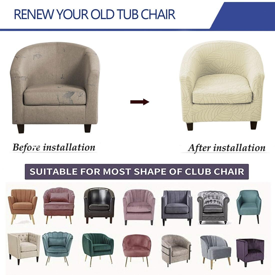 LKJYER Club Chair Covers Slipcover 2 Piece, Leaf Jacquard Stretch Tub Chair Cover Barrel Chair Covers Soft Armchair Sofa Cover Couch Furniture Protector