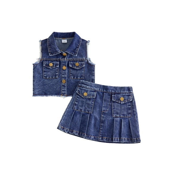 BemeyourBBs Western Toddler Baby Girls Cowgirl Clothes Infant Baby Girl Summer Denim Outfit Solid Color Sleeveless Denim Tank Jacket Tops With Ruffle Jeans Pleated Skirt Set