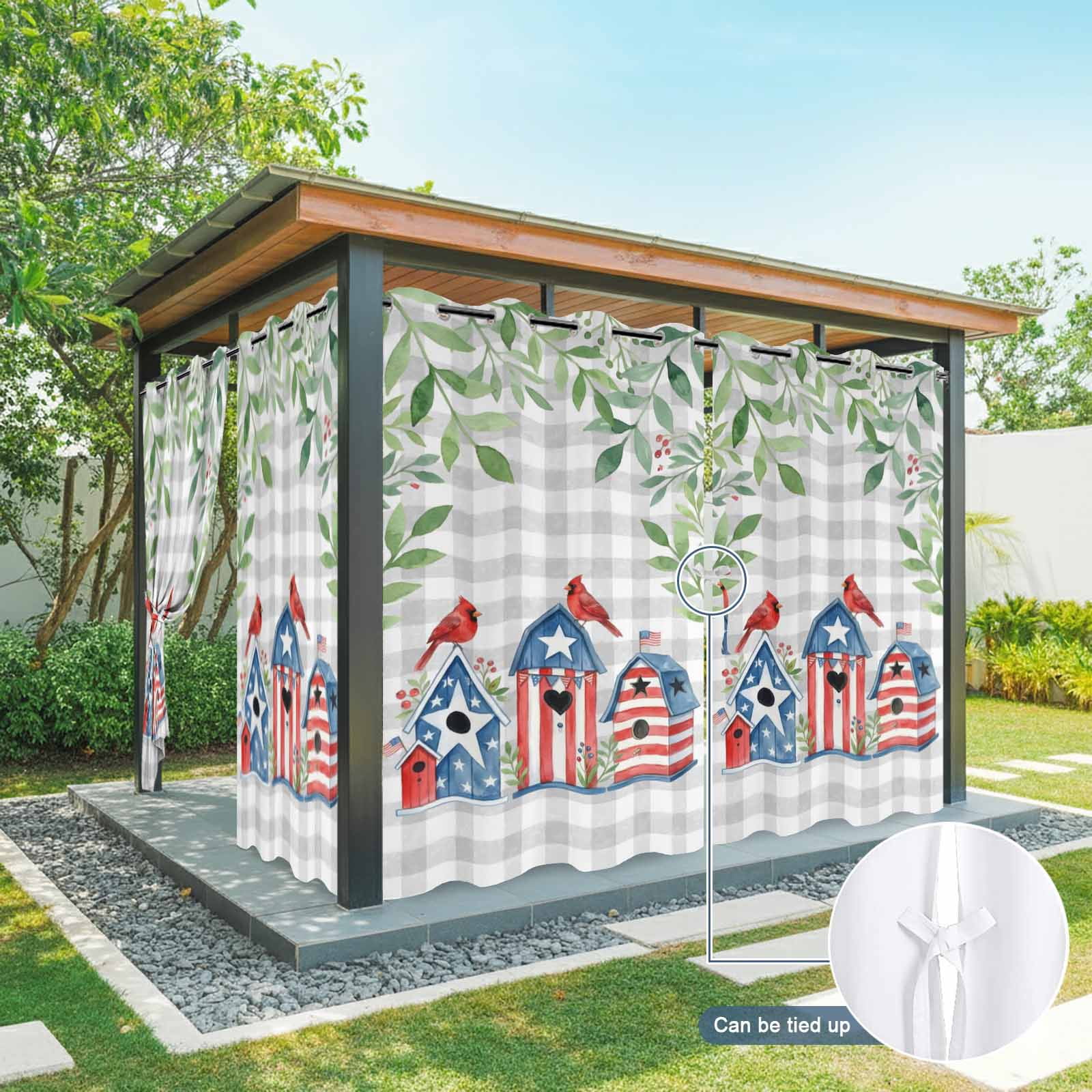 Independence Day Outdoor Curtains for Patio, Watercolor Cardinal Bird Birdhouses Leaf Grey Plaid Sunshade Privacy Drapes Grommet Waterproof Outside Curtains for Porch/Cabana/Balcony 54"x108", 1 Panel