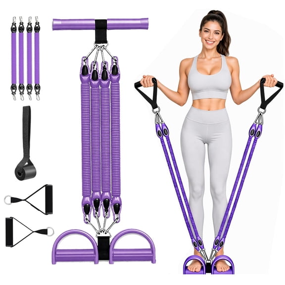 Foot Pedal Resistance Band, Adjustable 4-Tube Pedal Ankle Puller Resistance Band with Handle, Multifunction Home Gym Equipment, Stirrup Puller for Men Women for Full Body Exercise -Purple