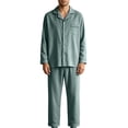 thumbnail image 1 of Xcmzpl Mens Cotton Pajama Set Solid Long Sleeve Button Down Shirts Sleepwear Baggy Sleep Pjs Bottoms Comfy Loungewear 2 Piece with Pockets L-4XL, 1 of 3