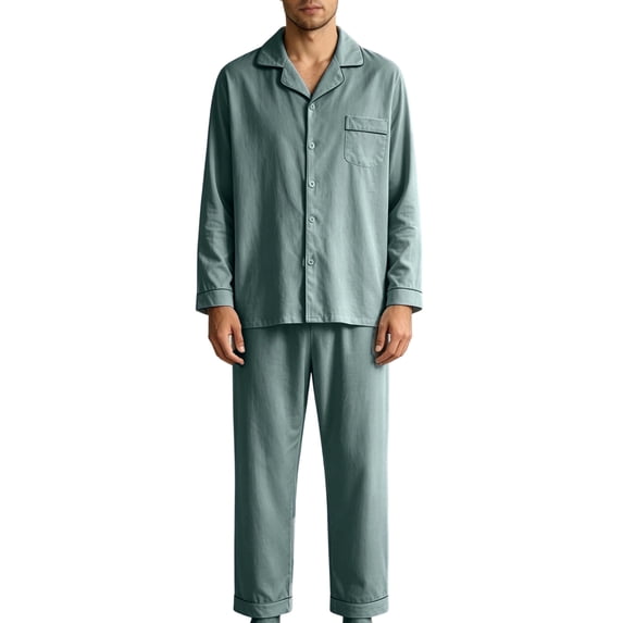 Xcmzpl Mens Cotton Pajama Set Solid Long Sleeve Button Down Shirts Sleepwear Baggy Sleep Pjs Bottoms Comfy Loungewear 2 Piece with Pockets L-4XL