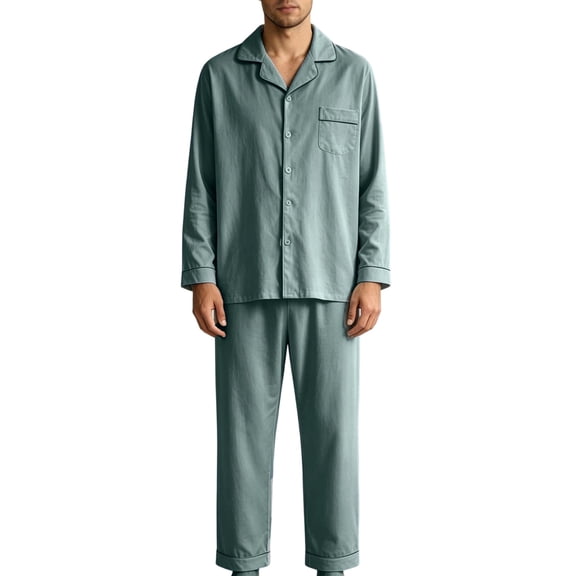 Vetsdori Mens Cotton Pajamas Sets Lightweight Comfy Sleepwear 2 Pieces Long Sleeve Collar Button Shirts and Pants Casual Stylish Plain Loungewear for Men