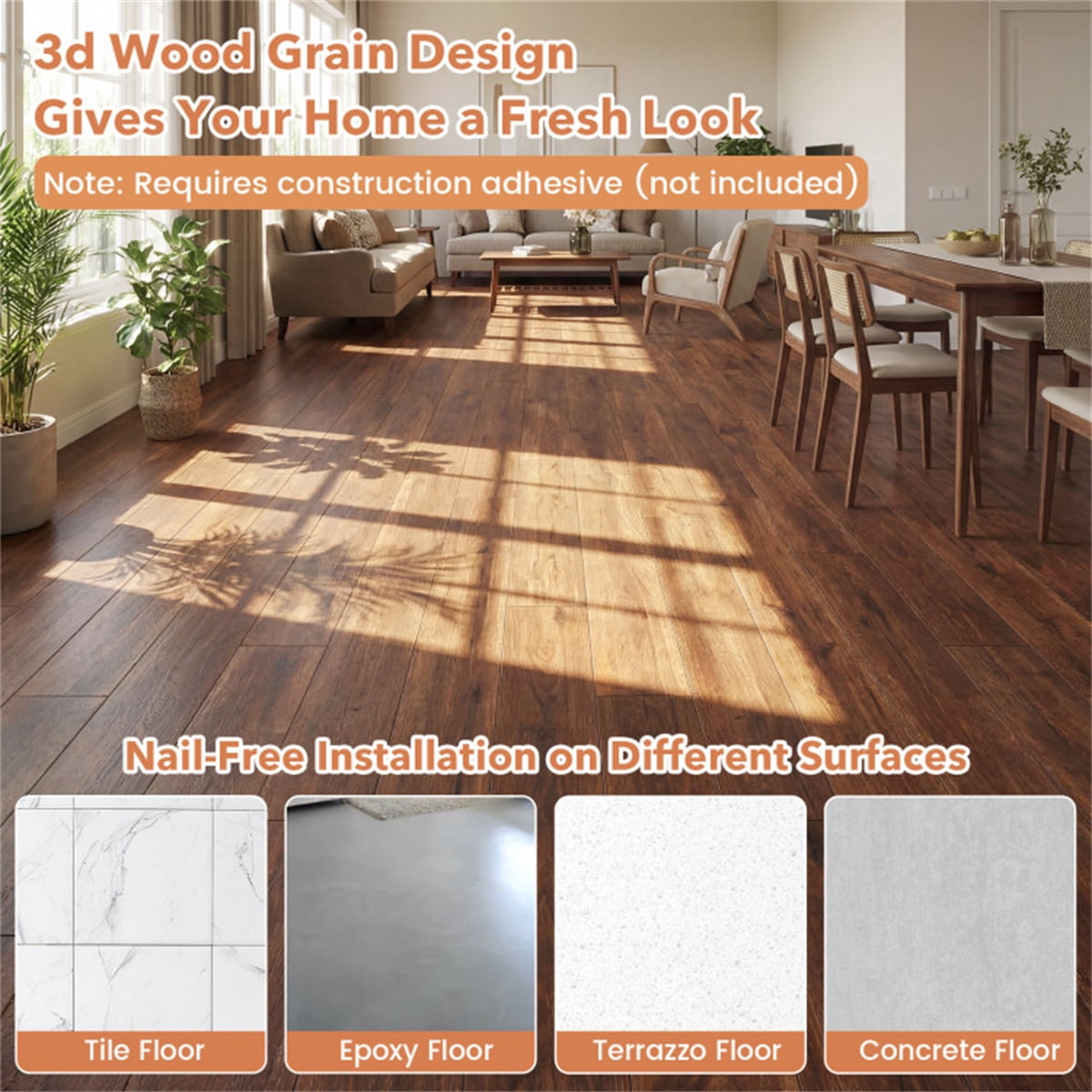 24Pack Wood Look Vinyl Plank Flooring Waterproof PVC Floor Tiles 36Sq.Ft Coverage Rustic Brown 36In Length Wear Layer Scratch Resistant Adhesive Install Kitchen Bedroom Living Rooms Hallway Entryway