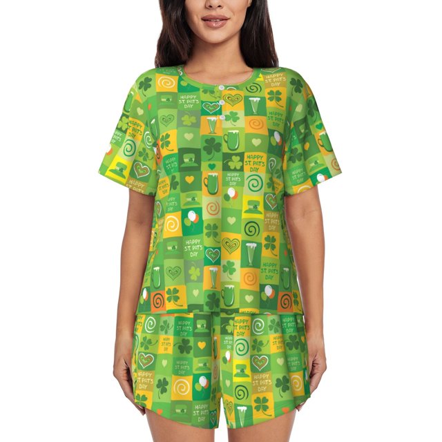 Fotbe St. Patrick's day Conjunto de Pijama Estampado para Mujer, 2 Piezas, Ropa de Dormir con Camiseta de Manga Corta y Shorts Suaves-3X-Large