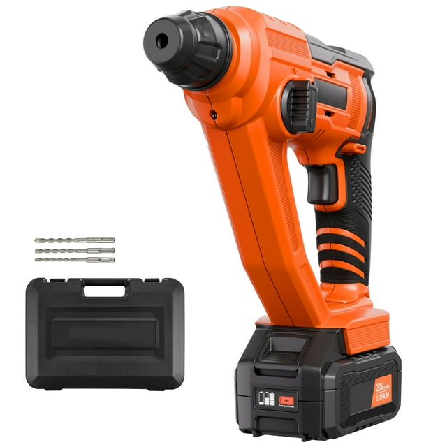 KFFKFF VEVOR 20V Cordless Hammer Drill, Lithium-Ion 0.6 Inch Rotary Hammer Driver, SDS-Plus Electric Lightweight Power Tool Kit with Battery and Charger, 2 Functions, 1000 RPM, 5100 BPM