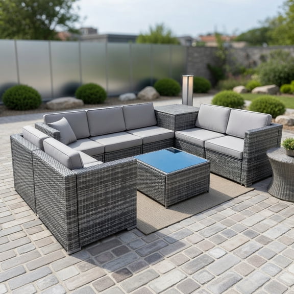 YYAo Patio Seating Sets,Outdoor Living Room Sets,8 Pieces Wicker Sofa Rattan Dining Set Patio Furniture with Storage Table-Gray