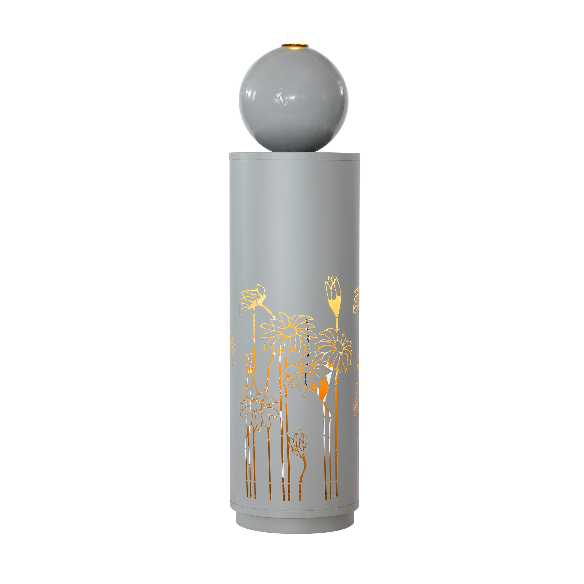 Mintazer 34.2"H Floral Cutout Cylinder Sphere Top Outdoor Fountain, Weatherproof Metal Water Feature with Dual Warm LED Lights & Silent Recirculating Pump for Patio Garden Backyard Decor, Gray