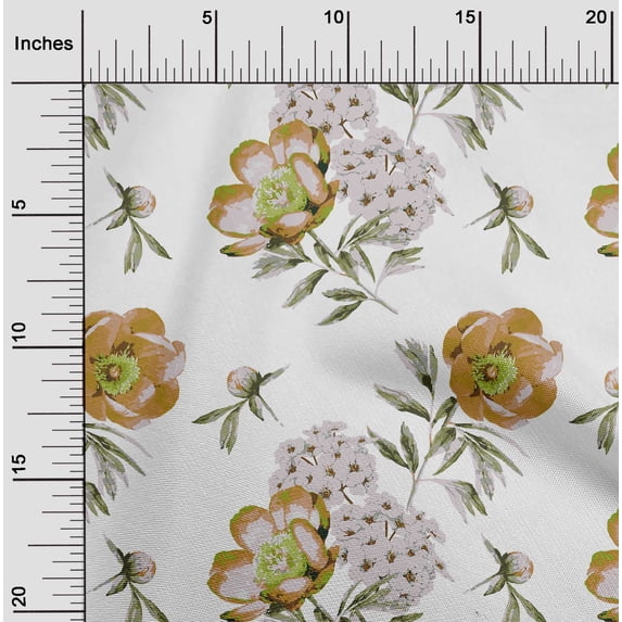 oneOone Cotton Poplin Dark Beige Fabric Flower & Leaves Watercolor Craft Projects Decor Fabric Printed By The Yard 42 Inch Wide