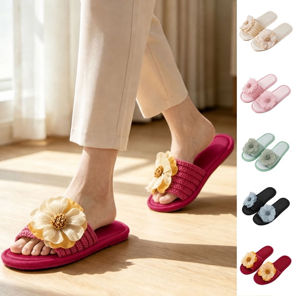 Agkizg Womens Fall Winter Slippers, House Slippers, Elegant Open Toe One Strap House Slippers Woven Strap Soft Fabric Flat Casual Daily Indoor Slides