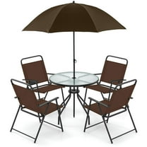 Spaco 6 Pieces Patio Dining Set, 4 Folding Chairs and Glass Table with Tilt Umbrella, Patio Dining Set for Outdoor as Garden, Patio, Coffee