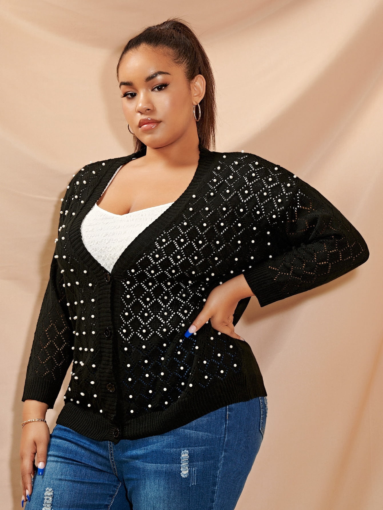 Women's Plus Pointelle Knit Pearls 