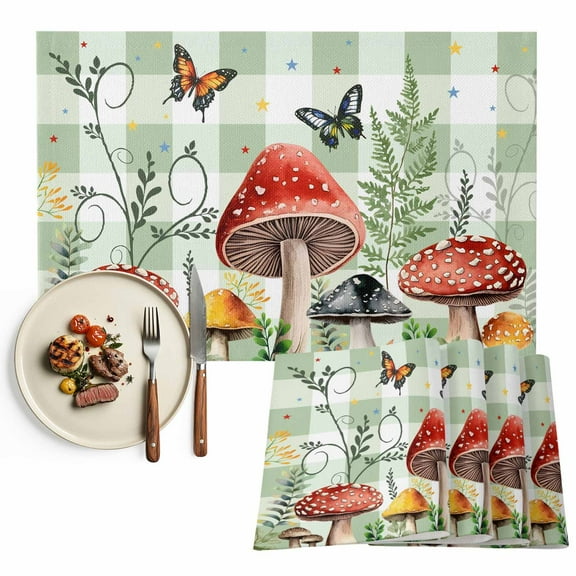 Placemats Set of 4, Mushrooms Place Mats Butterflies Green Buffalo Plaid Tablemats Washable Placemat Table Decoration for Kitchen Table Dinner Party Home Decor Indoor Outdoor 13x19 Inch