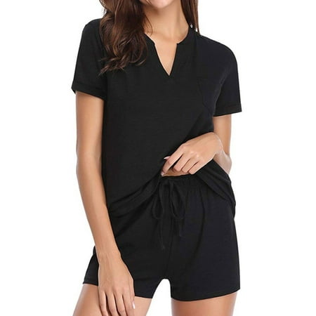 

HUBERY Women Pocket Splicing Waist Drawstring V Neck Short Sleeves Sleepwear Set