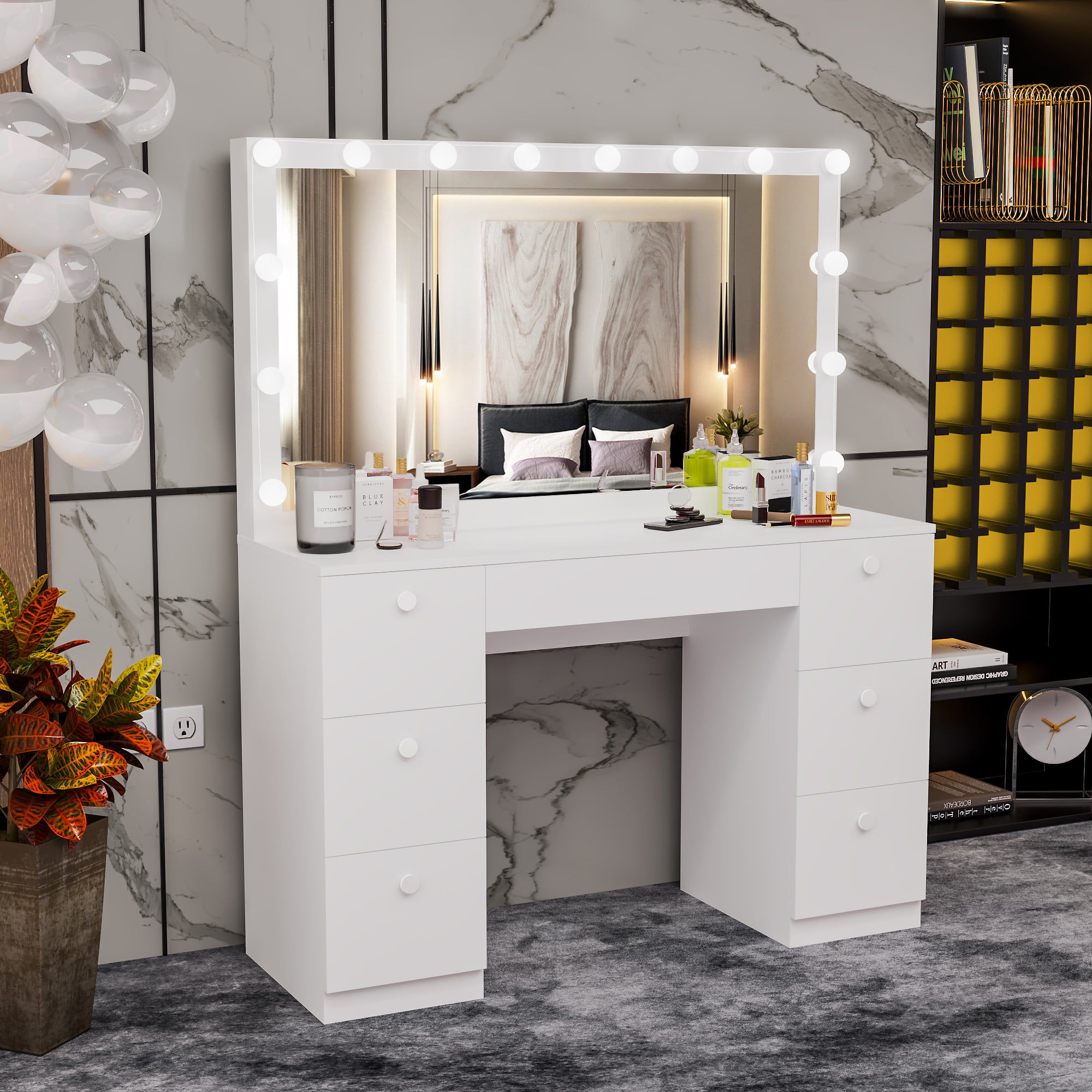 Details about   Artemisia Modern Vanity Table with Mirror and 7 Drawers White finish 