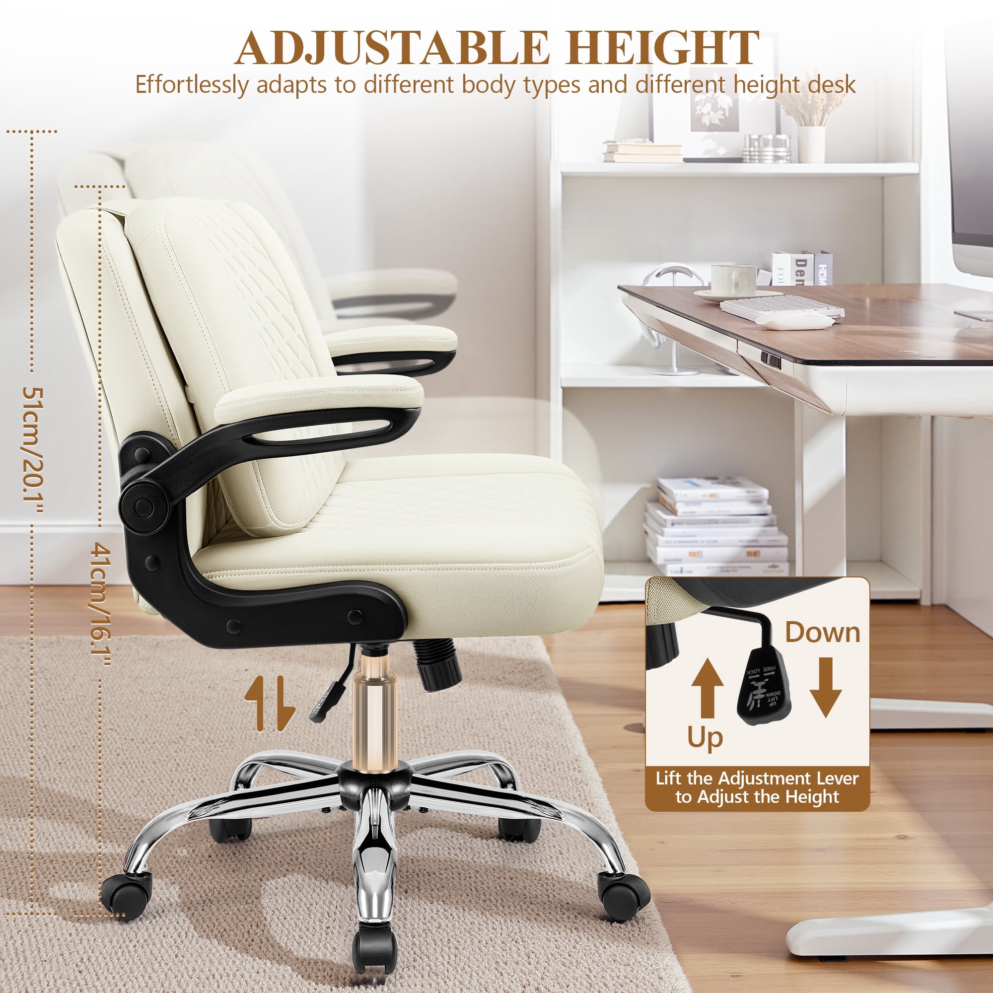 COOLHUT Criss Cross Chair with Flip-Up Arms and Wheels, Moveable Back Cushion Wide Seat Office Desk Chair, Height Adjustable Swivel Cross Legged Chair for Home Office, Study, Vanity, Beige