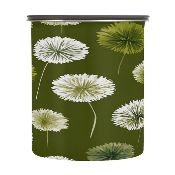 500ml Stainless Steel Food Storage Containers Green Dandelions Pattern Airtight Kitchen Canisters with Vacuum Lid for Coffee Tea Flour Sugar Grains