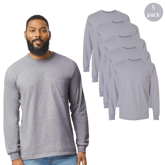 Gildan Men's Ultra Cotton Classic Long Sleeve Pocket T-Shirt, 5-Pack, Crew Neck Sport Grey Tee, S